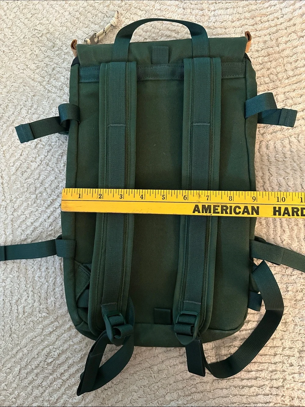 Topo Designs Mini River Green Canvas Backpack with White Zip Pocket